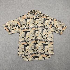 SILKS Shirt Mens Medium Beige Silk Short Sleeve Button-Up Graphic Vintage